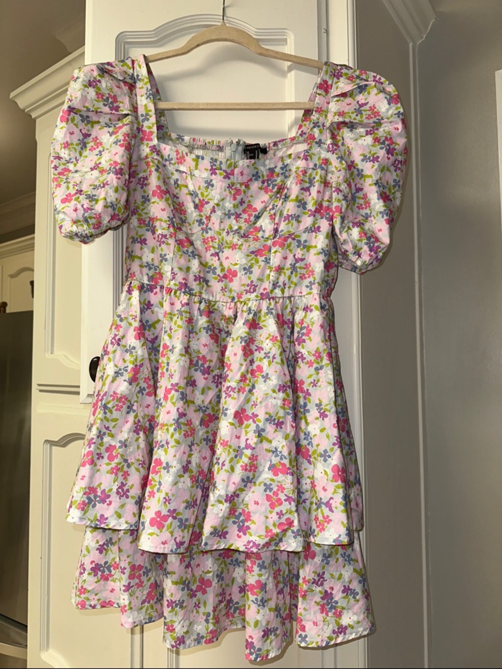 Forever 21 White Floral Mini Dress with Pink, Green and Purple Print size M